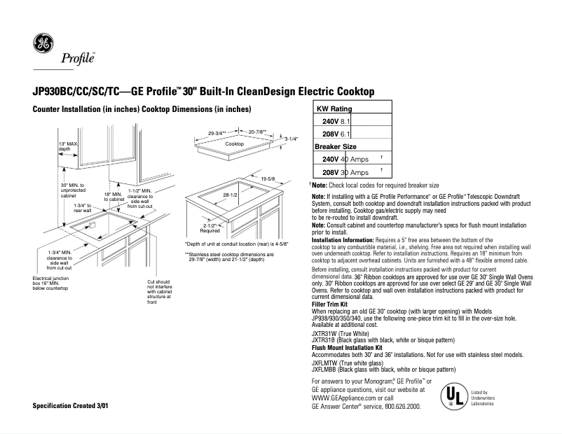Page 1 of the manual Technical Sheet GE Profile JP930CCCC