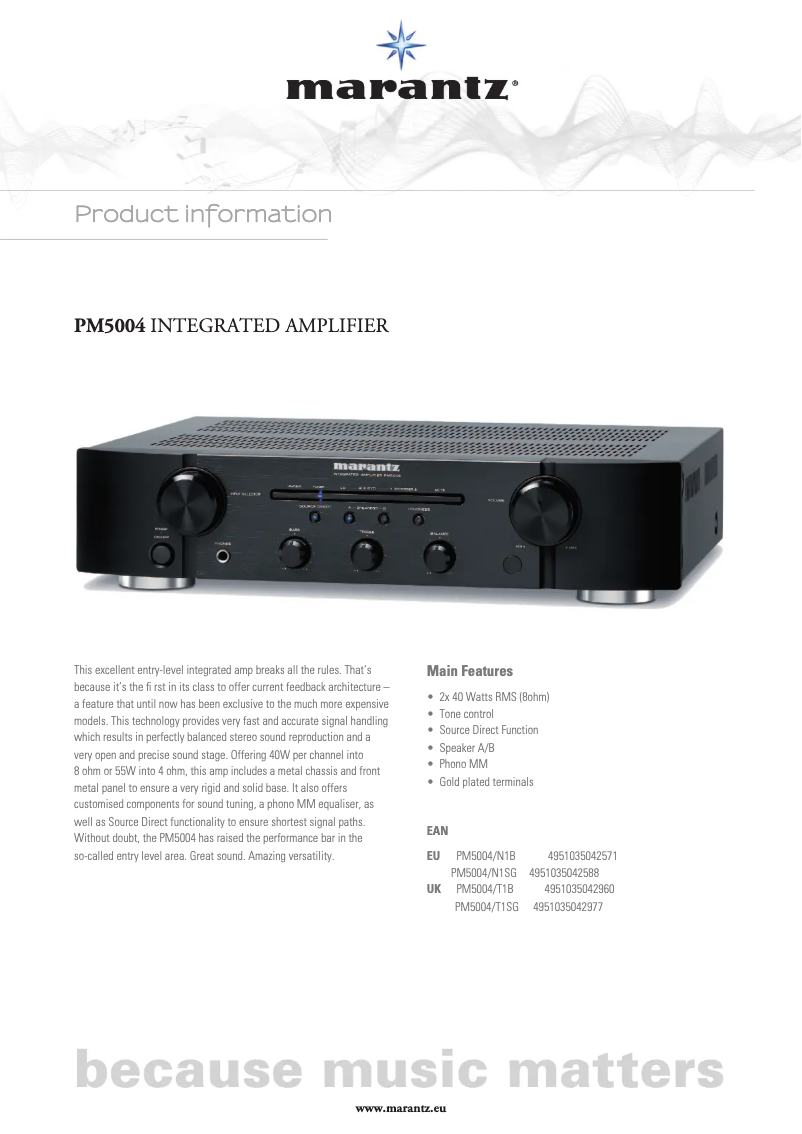 Page 1 of the manual Technical Sheet Marantz PM5004