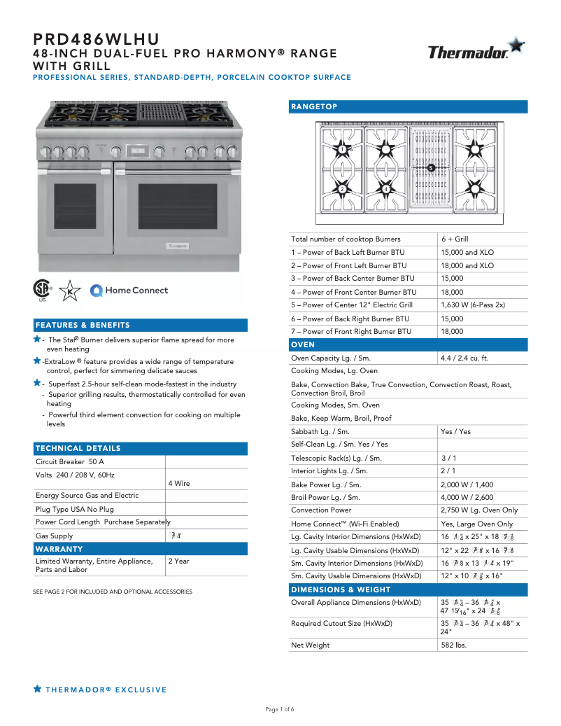 Page 1 of the manual Technical Sheet Thermador PRD486WLHU