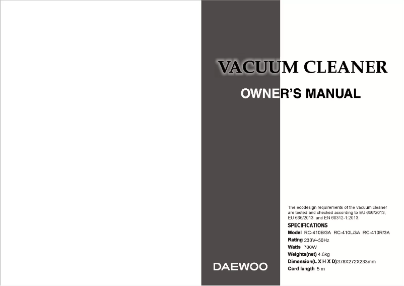 Page 1 of the manual User Manual Daewoo RC-410B/3A