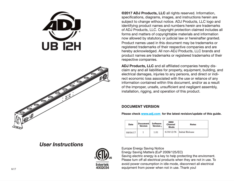 First page image of the manual for UB 12H