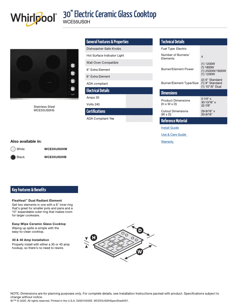 Page 1 of the manual Technical Sheet Whirlpool WCE55US0HS