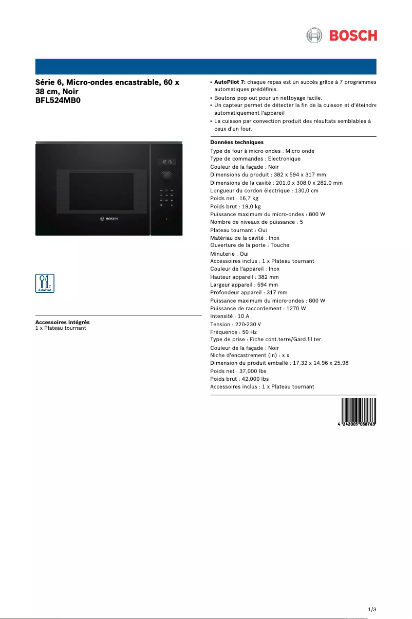 Page 1 of the manual Technical Sheet Bosch BFL524MB0