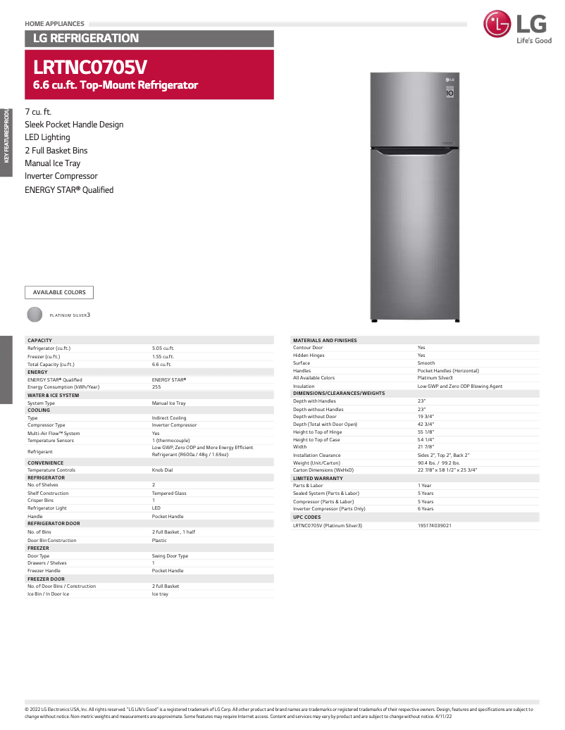 Page 1 of the manual Technical Sheet LG LRTNC0705V