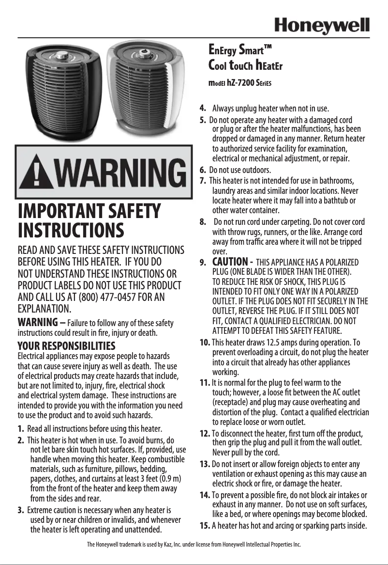 Page 1 of the manual User Manual Honeywell EnergySmart Cool Touch HZ-7200