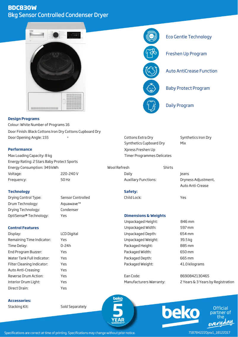 Page 1 of the manual Technical Sheet Beko BDC830W
