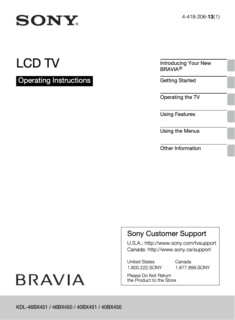 First page image of the manual for Bravia KDL-40BX451