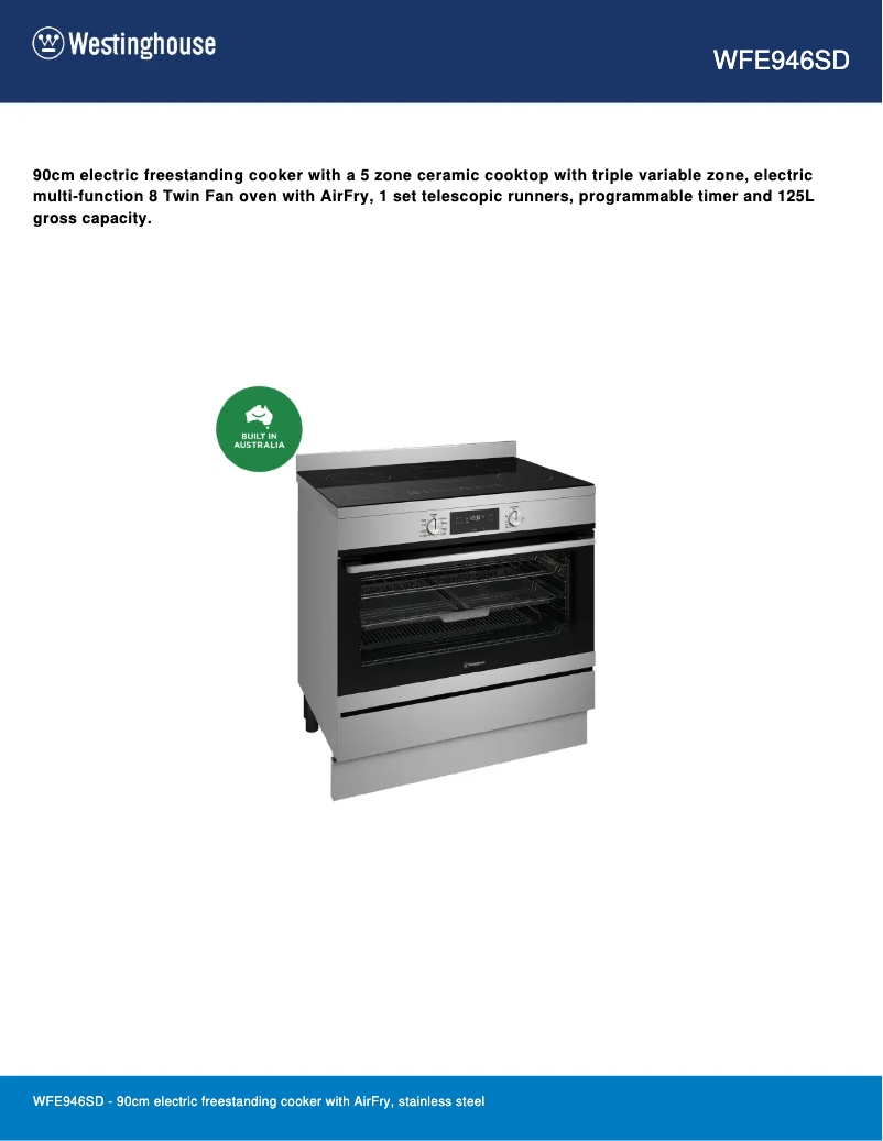 Page 1 of the manual Technical Sheet Westinghouse WFE946SD