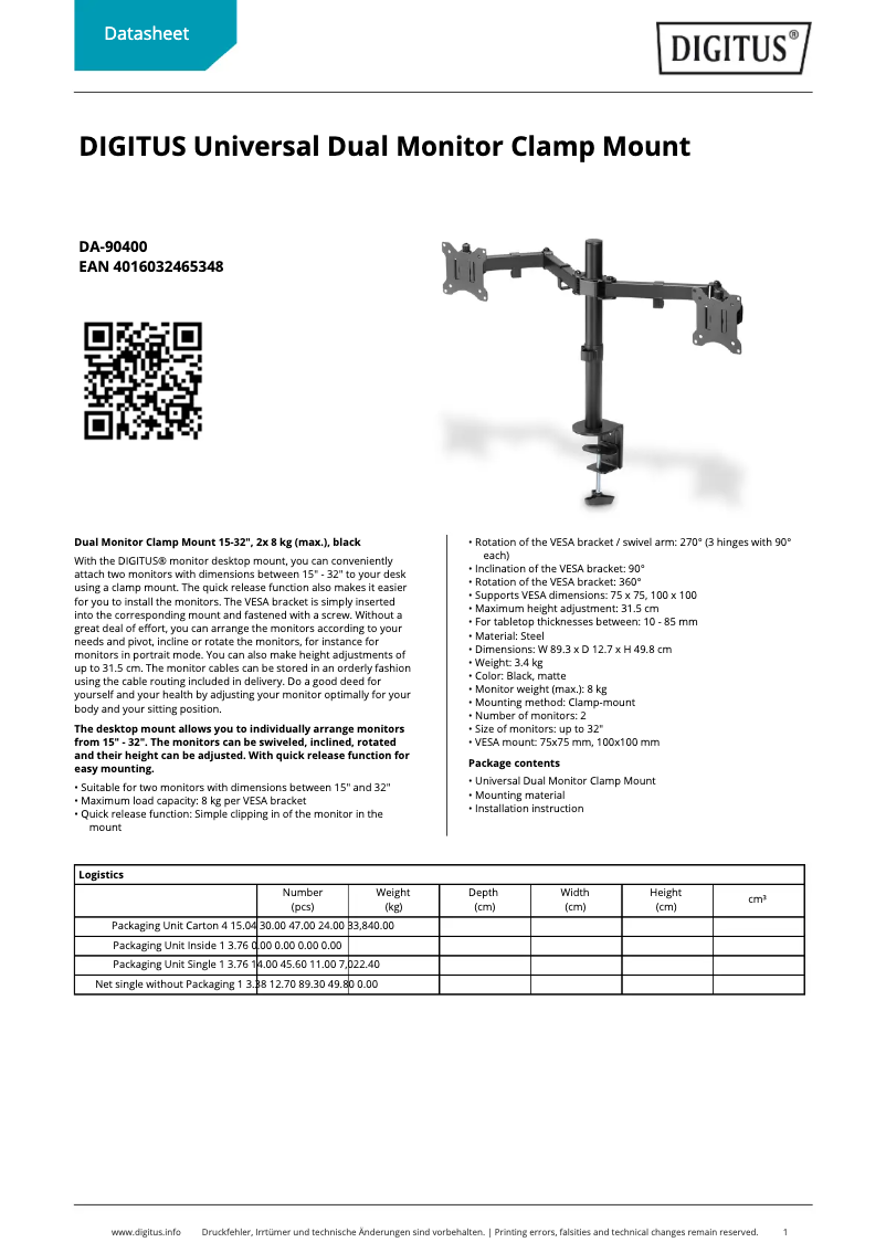 Page 1 of the manual Technical Sheet Digitus DA-90400