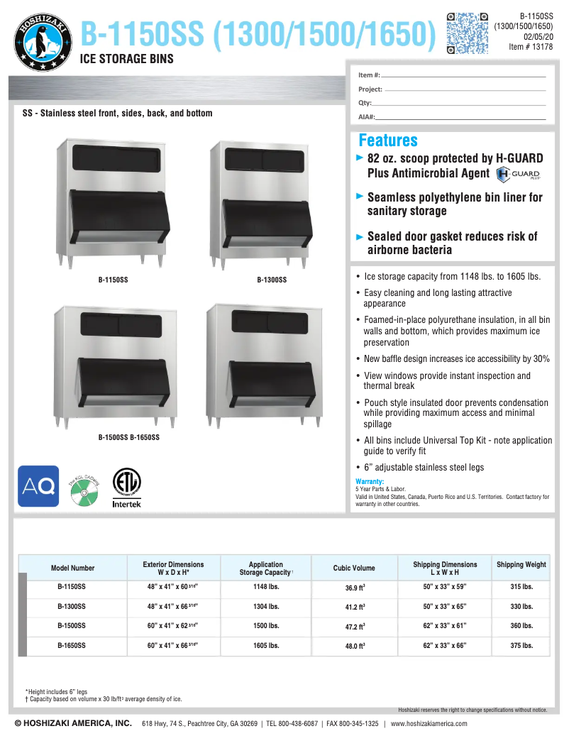 Page 1 of the manual Technical Sheet Hoshizaki B-1300SS