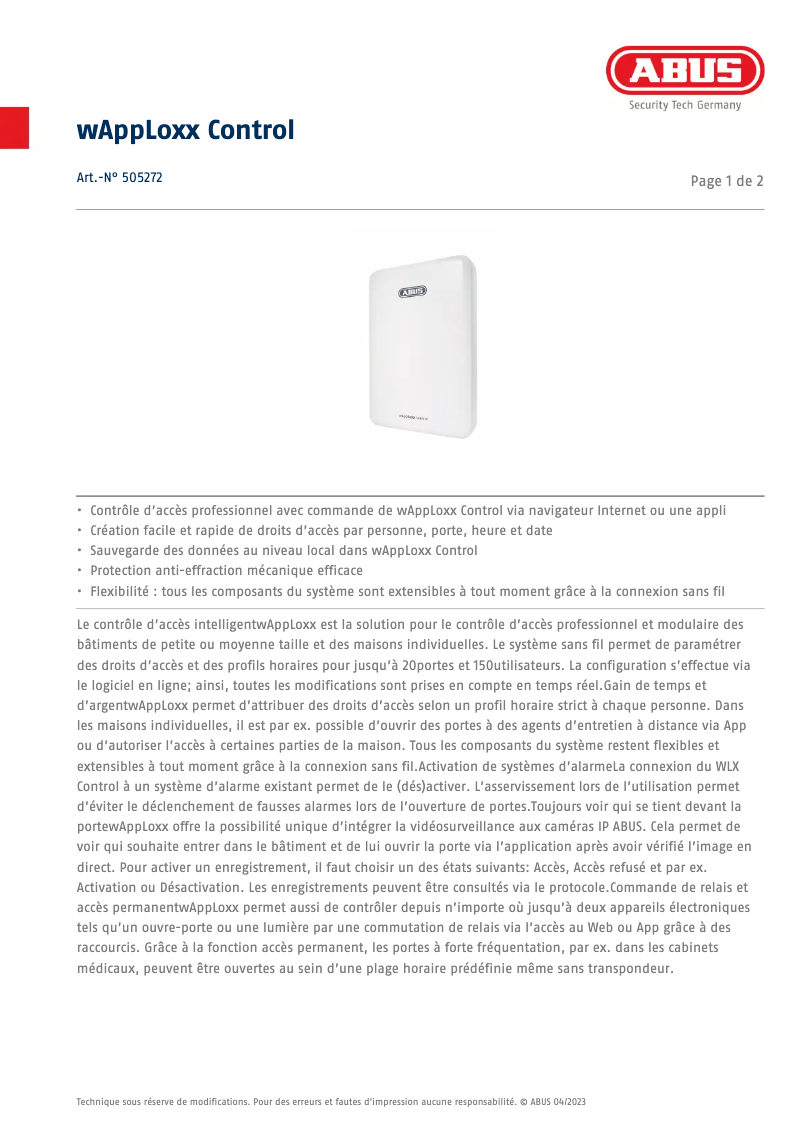 Page 1 de la notice Fiche technique Abus WAppLoxx Control