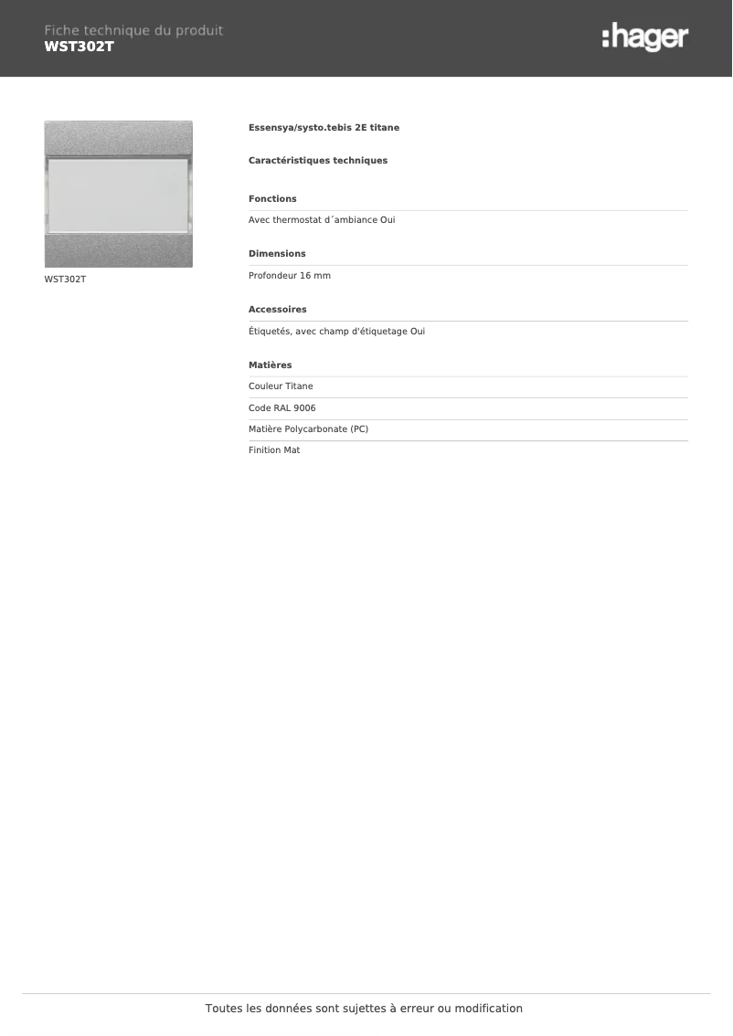 Page 1 of the manual Technical Sheet Hager WST302T