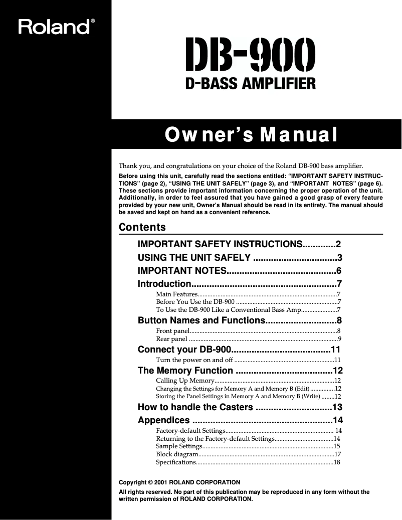 Page 1 of the manual User Manual Roland DB-900