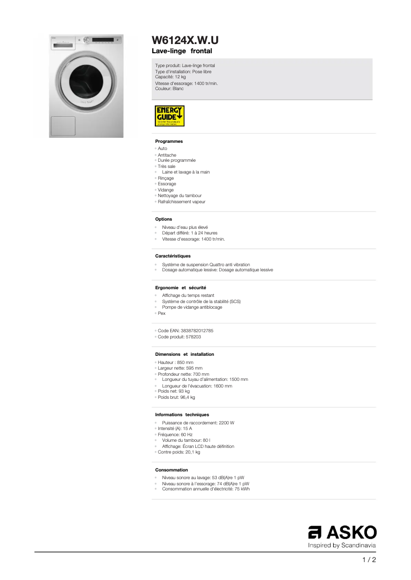 Page 1 of the manual Technical Sheet Asko W6124X.W.U