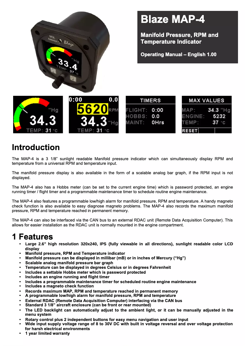 Page 1 of the manual User Manual MGL Avionics Blaze MAP-4