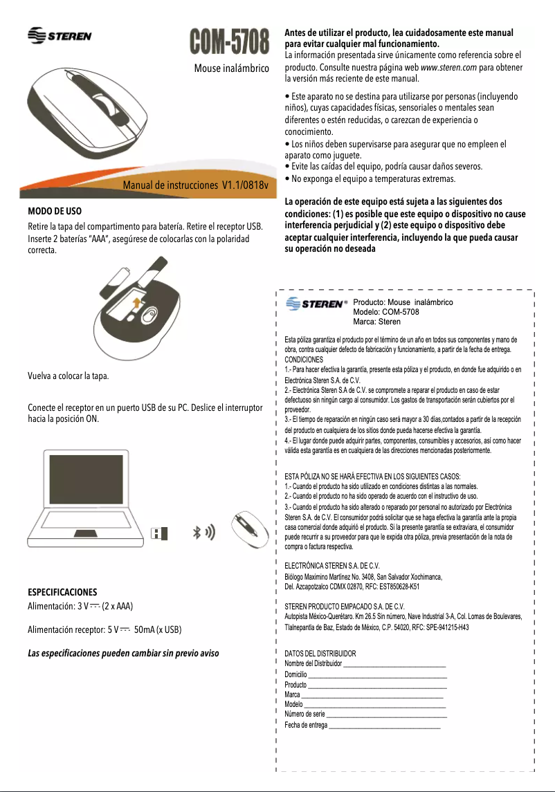 Page 1 of the manual User Manual Steren COM-5708