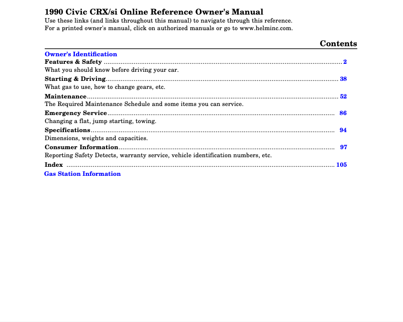 Page 1 of the manual User Manual Honda CRX (1990)