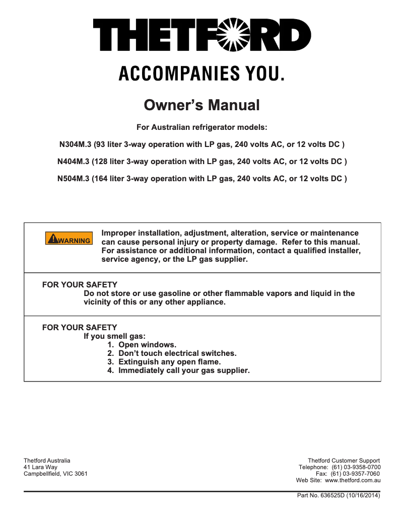 Page 1 of the manual User Manual Thetford N304M.3