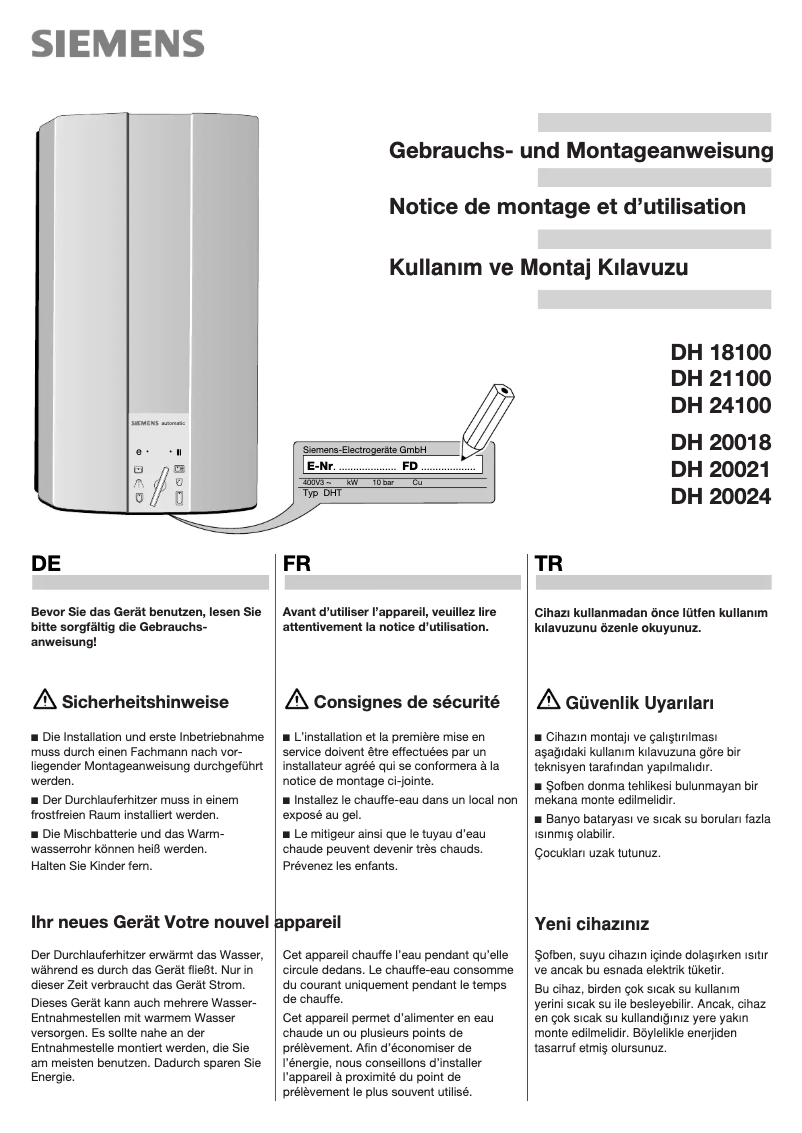 First page image of the manual for DH18100