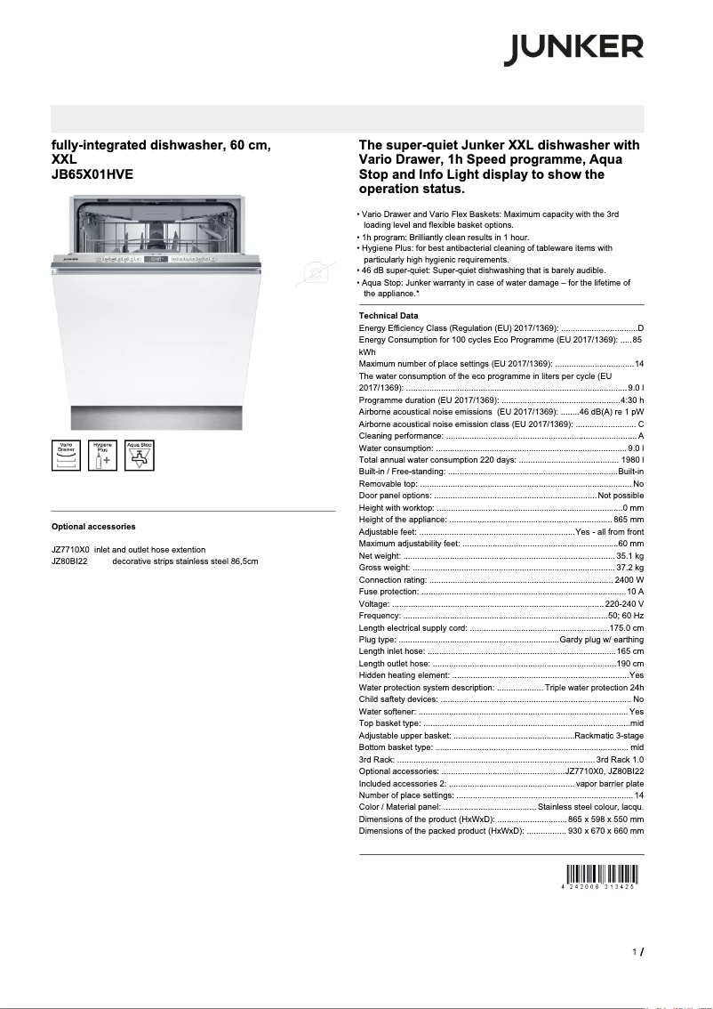 Page 1 of the manual Technical Sheet Junker JB65X01HVE
