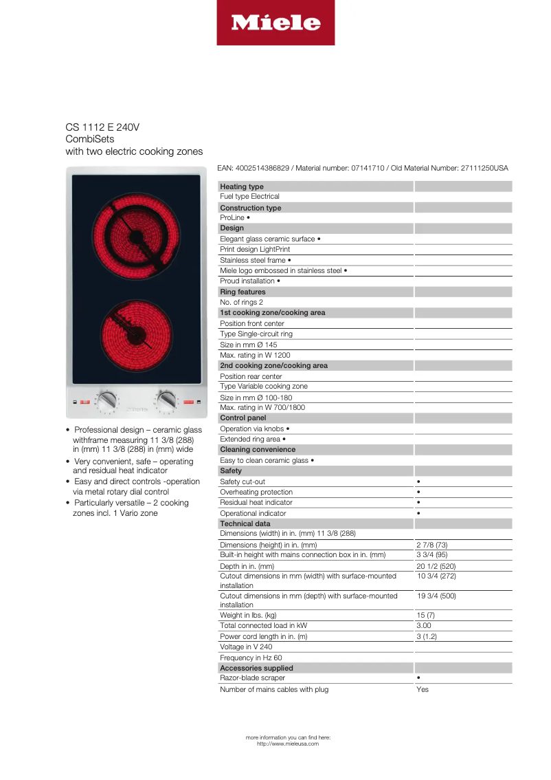 Page 1 of the manual Technical Sheet Miele CS 1112