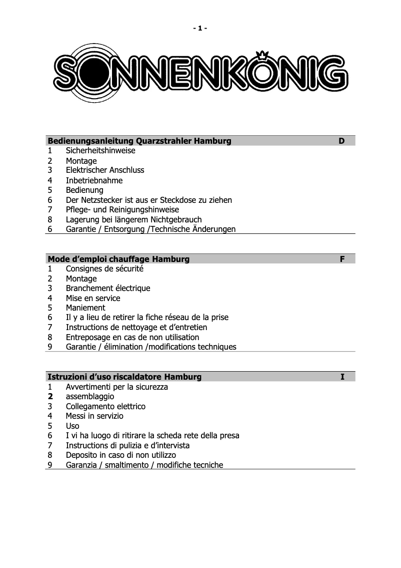 First page image of the manual for Hamburg