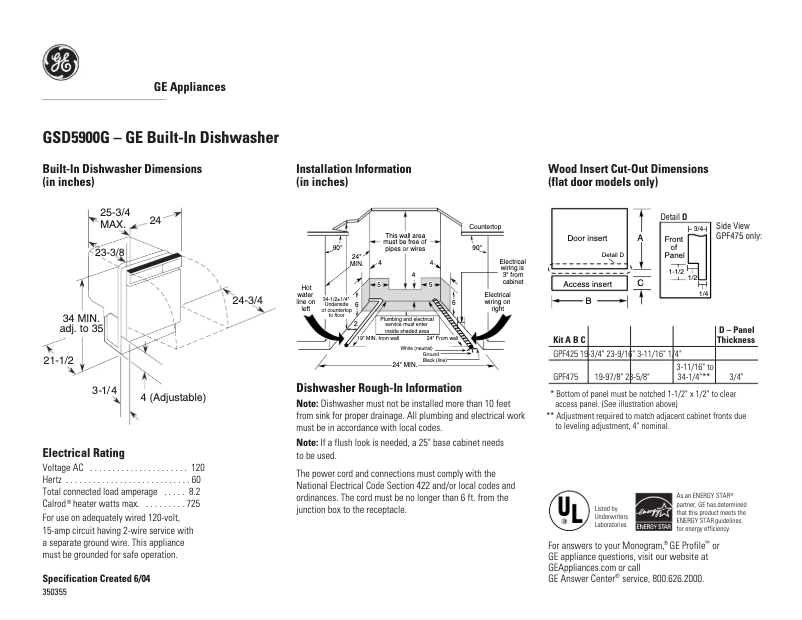 Page 1 of the manual Technical Sheet GE GSD5900GWW