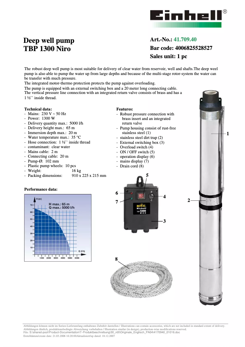 Page 1 of the manual User Manual Einhell Royal TBP 1300 Niro