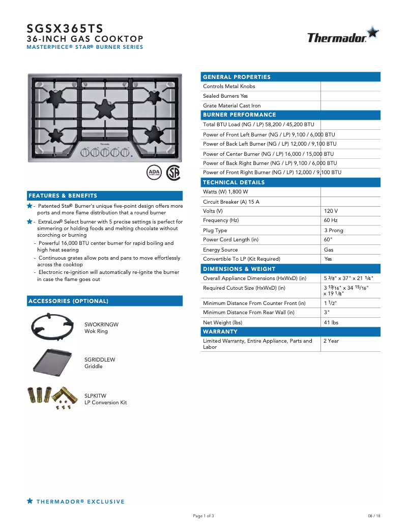 Page 1 of the manual Technical Sheet Thermador SGSX365TS