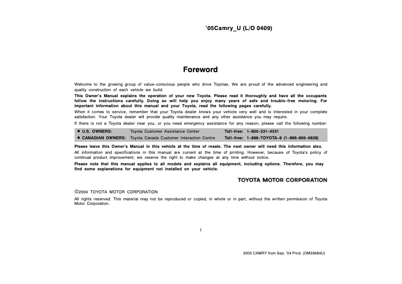 First page image of the manual for Camry (2005)