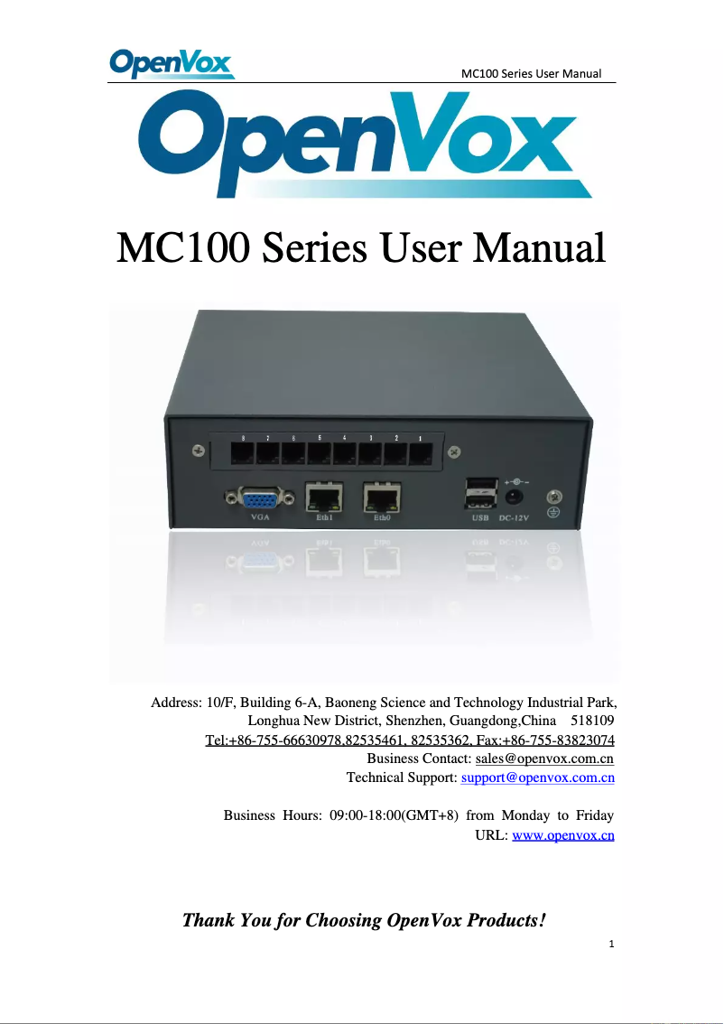 Page 1 of the manual User Manual OpenVox MC100