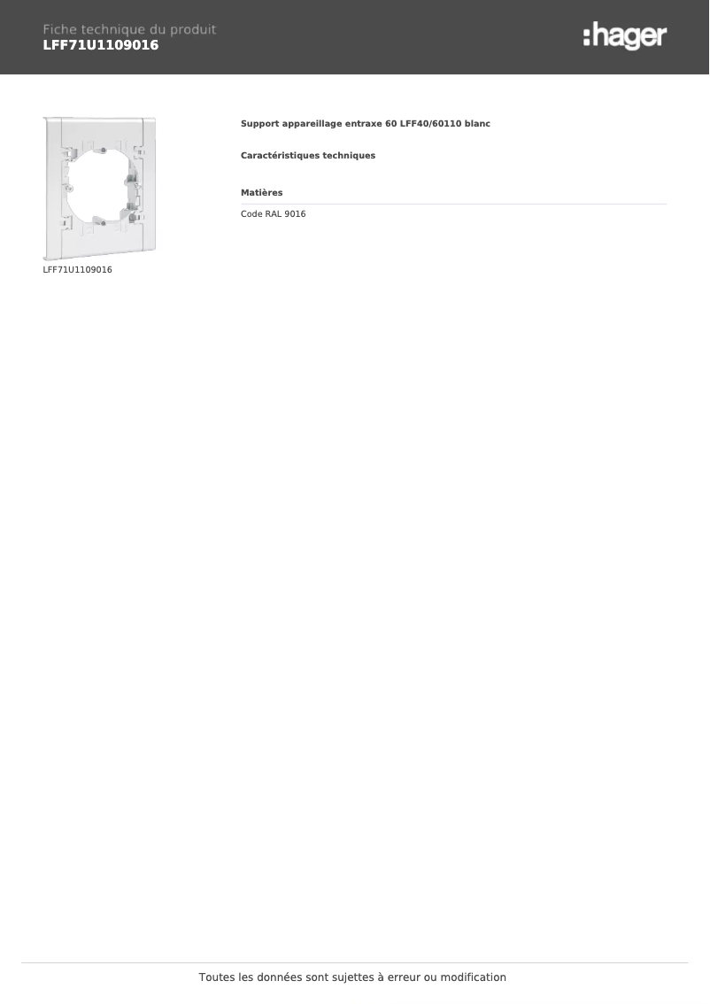 Page 1 of the manual Technical Sheet Hager LFF71U1109016