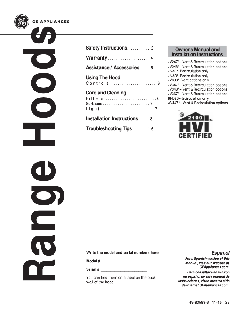 Page 1 of the manual Use and Maintenance Manual GE JV347HCC