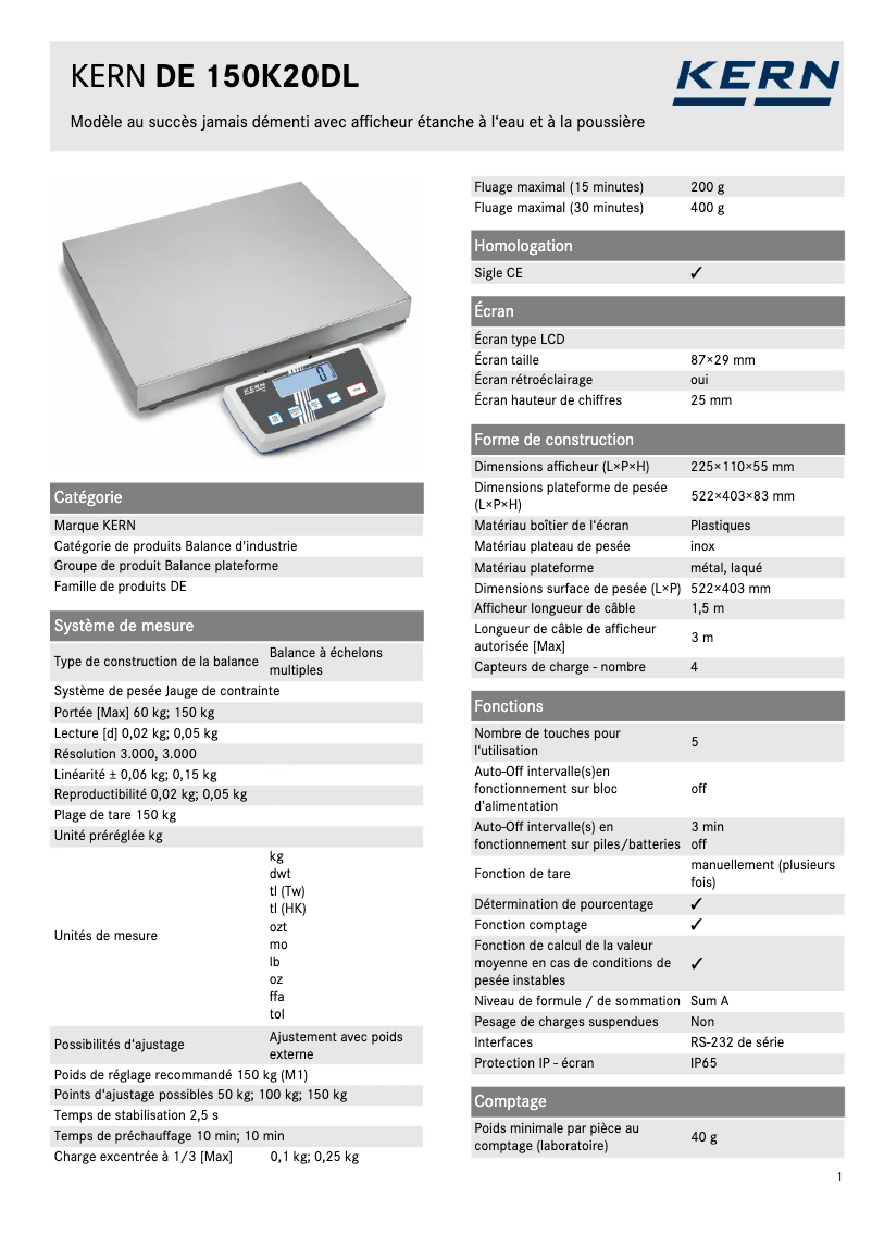 Page 1 of the manual Technical Sheet Kern DE 150K20DL