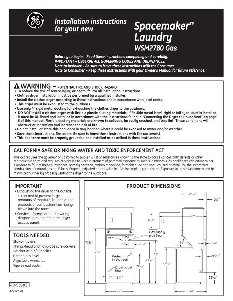 Page 1 of the manual Installation Guide GE WSM2780WAA