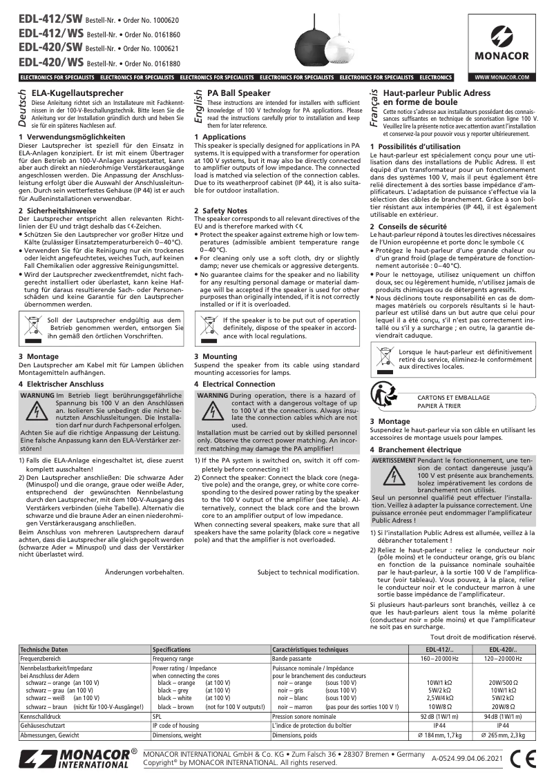 Page 1 of the manual User Manual Monacor EDL-412/WS