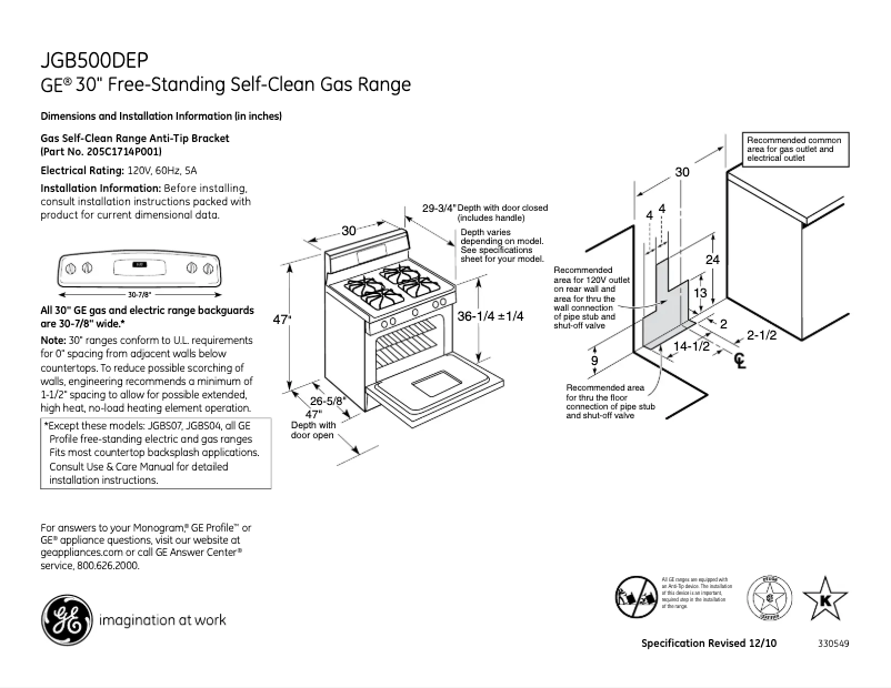 Page 1 of the manual Technical Sheet GE JGB500DEPBB