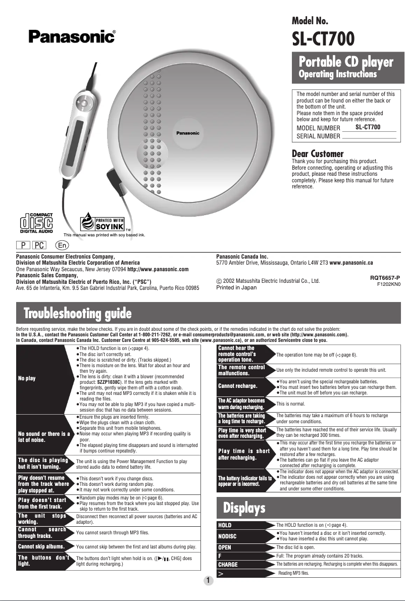 Page 1 of the manual User Manual Panasonic SL-CT700