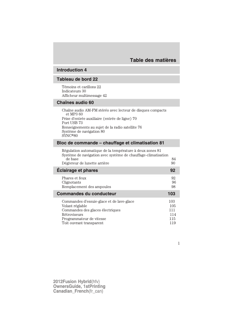 Page 1 of the manual User Manual Ford Fusion Hybrid (2012)