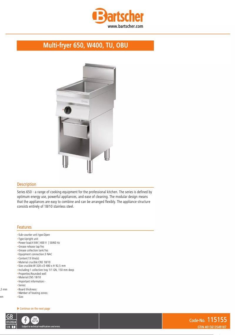 Page 1 of the manual Technical Sheet Bartscher 115155