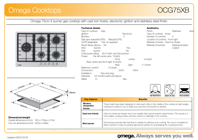 Page 1 of the manual Technical Sheet Omega OCG75XB