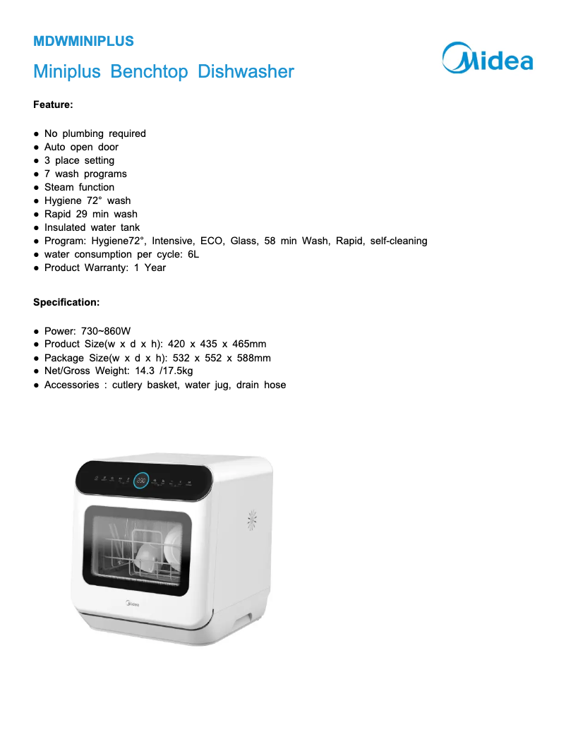 Page 1 of the manual Technical Sheet Midea MDWMINIPLUS