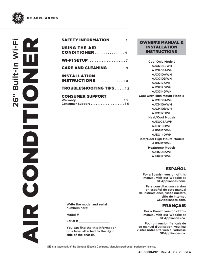 First page image of the manual for AJCQ10DWH