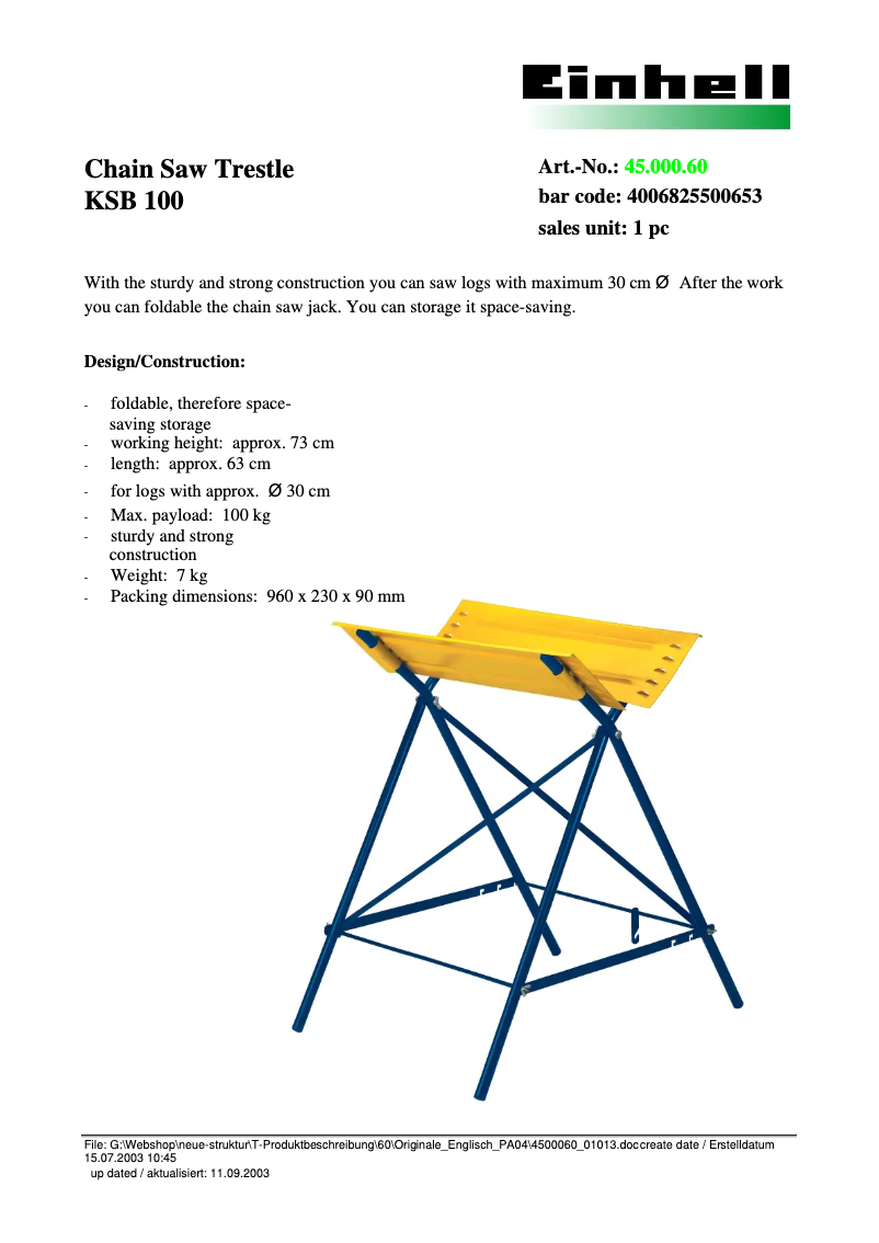 Page 1 of the manual Technical Sheet Einhell KSB 100