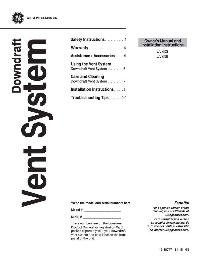 Page 1 of the manual User Manual GE UVB36SKSS