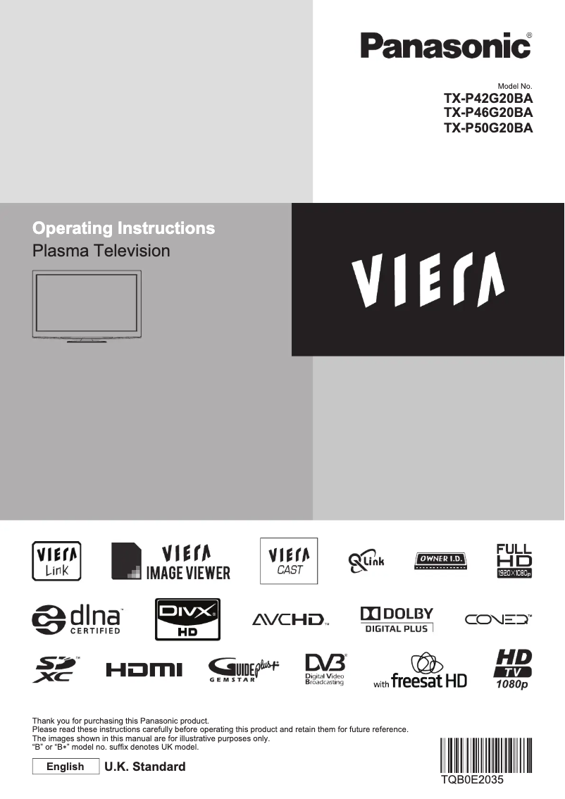 First page image of the manual for Viera TX-P42G20BA
