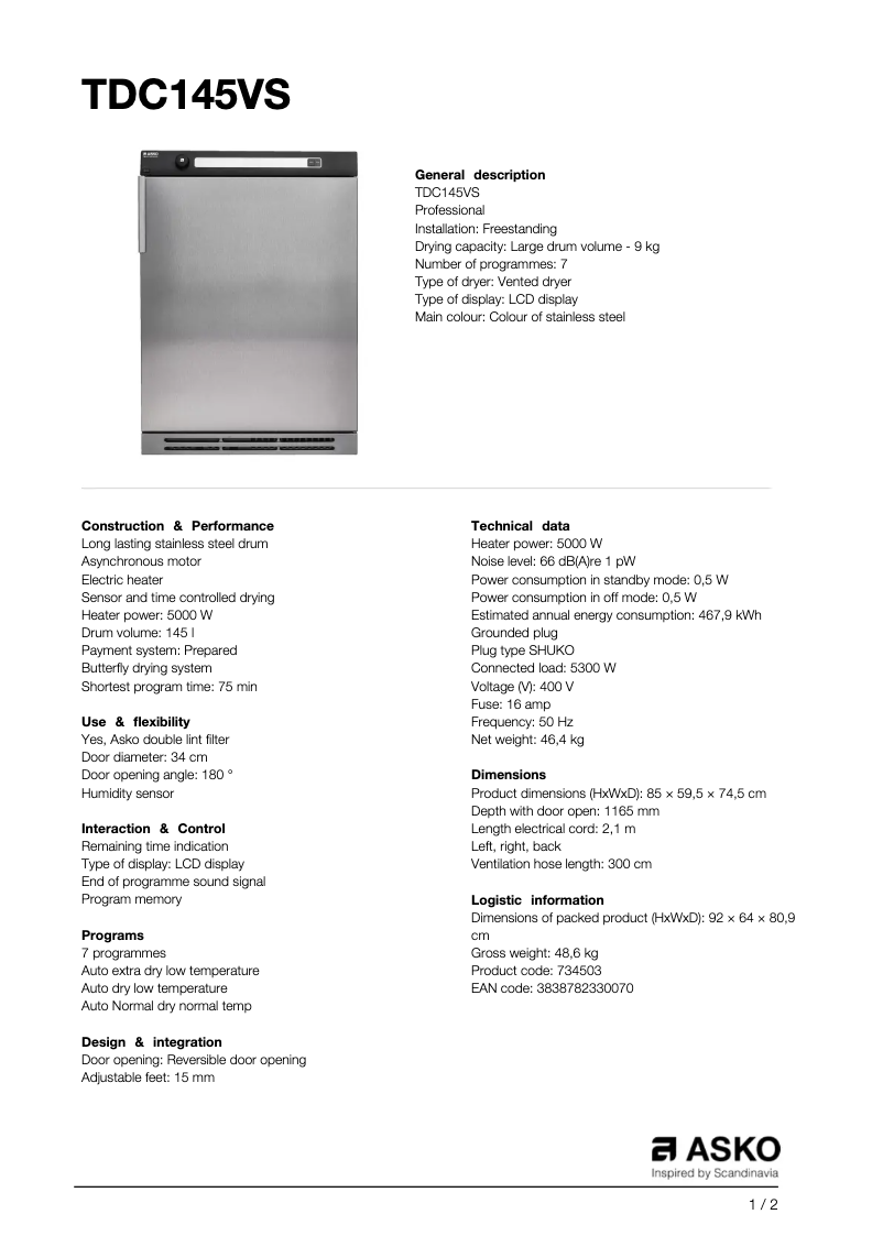 Page 1 of the manual Technical Sheet Asko TDC145VS