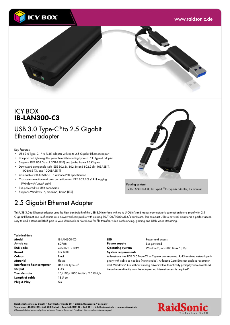 Page 1 of the manual Technical Sheet Icy Box IB-LAN300-C3