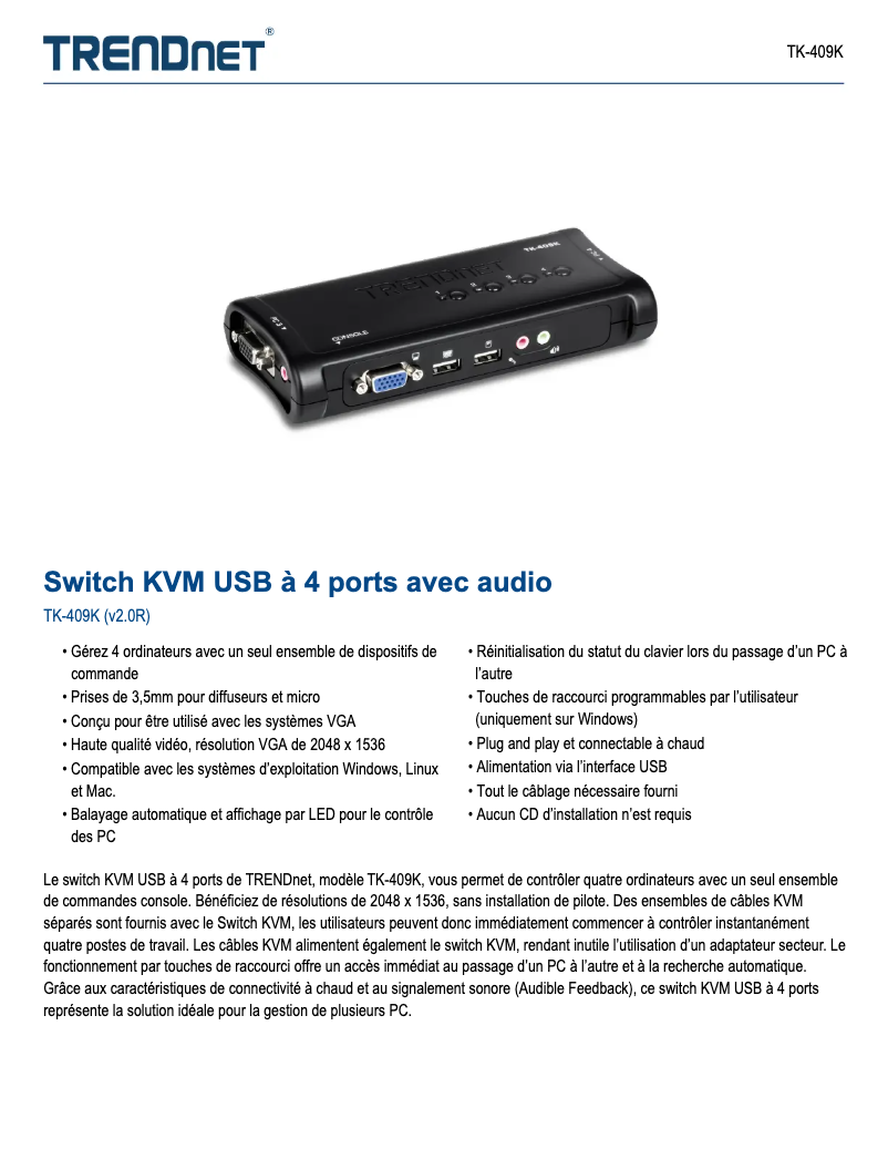 Page 1 of the manual Technical Sheet TRENDnet TK-409K
