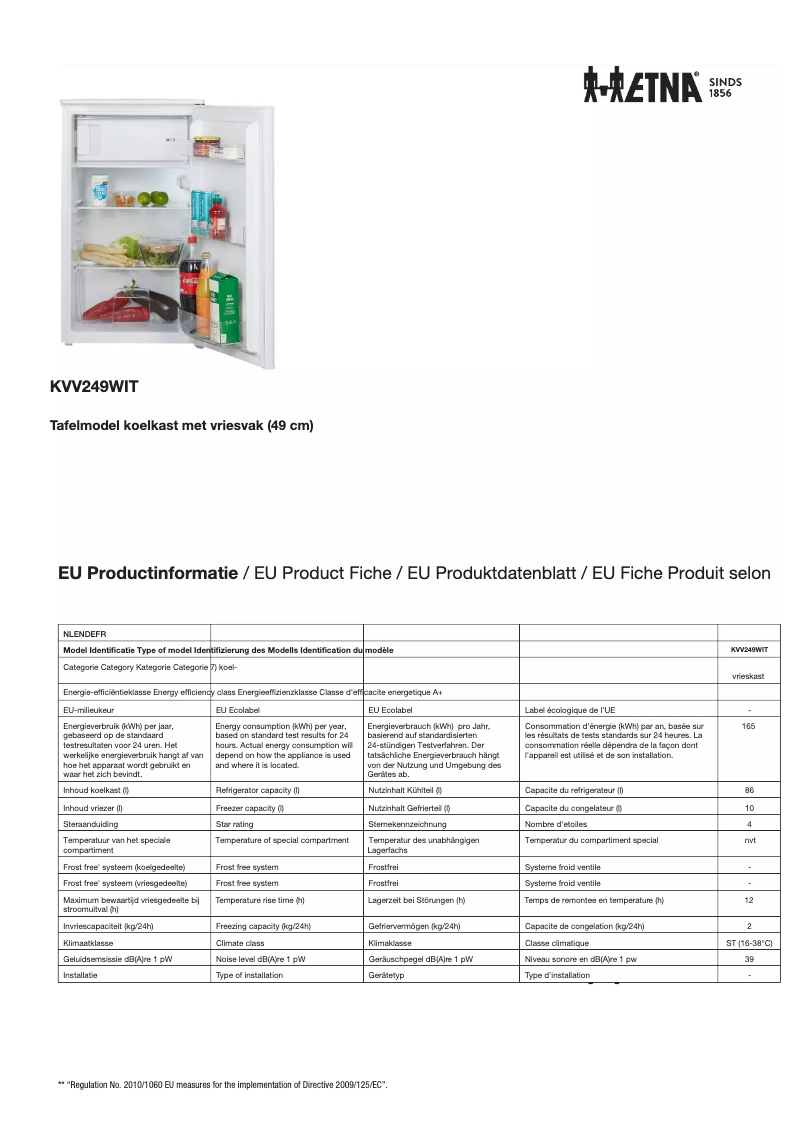 Page 1 of the manual Technical Sheet Etna KVV249WIT